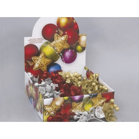 EuroNatale 47444 - Pick Bacche e Foglie Glitterate 14 cm. Argento,Oro,Rosso Assortiti
