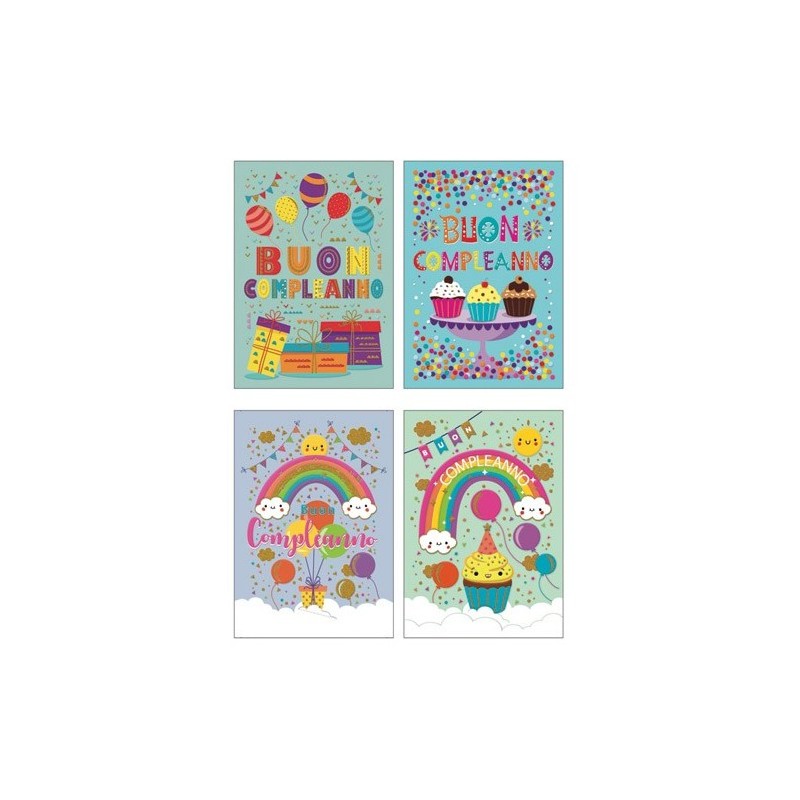 Cecami 161BC - Biglietti Buon Compleanno Arcobaleno 4 Soggetti Conf.12 pz