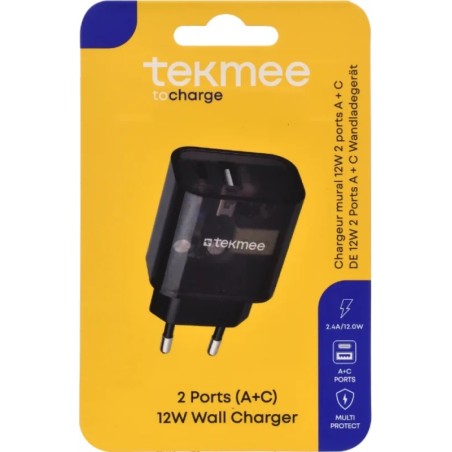 Tekmee 33420 - Presa a Muro 12W 2 Porte Usb/Type-C