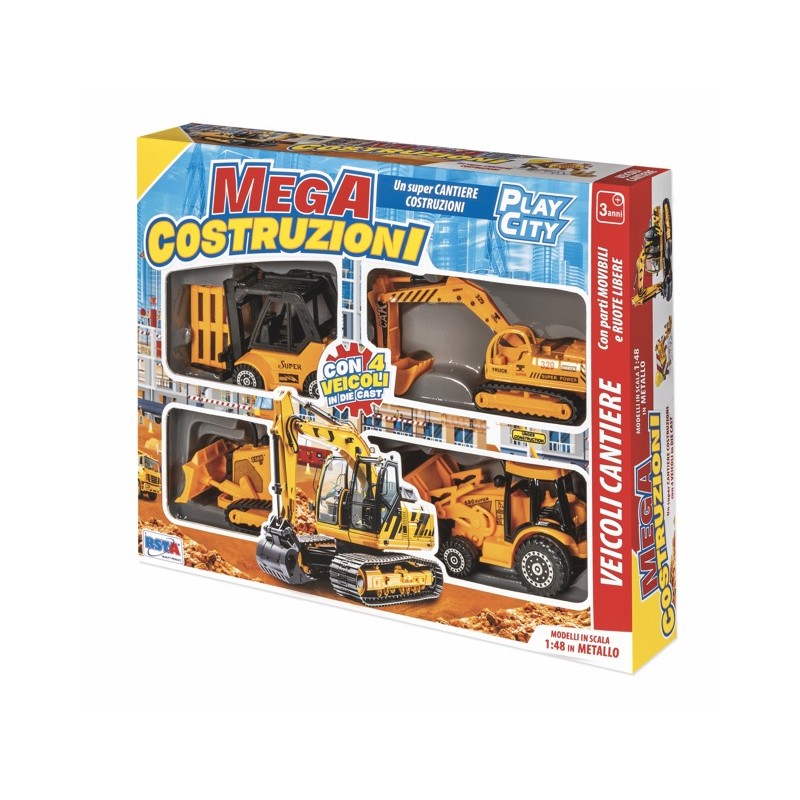 Rstoys 12212 - Playset Die-cast 4 Mezzi Costruzione Scala 1:48 Ruote Libere