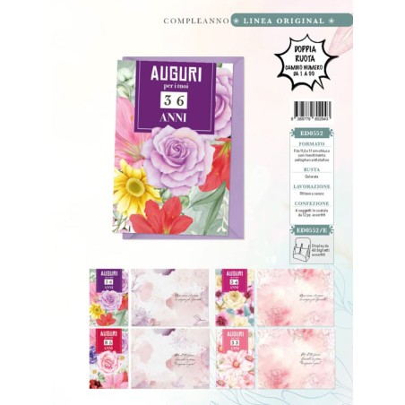Blue 552 - Biglietti Compleanno Fiori 1-99 Anni Conf.12 pz
