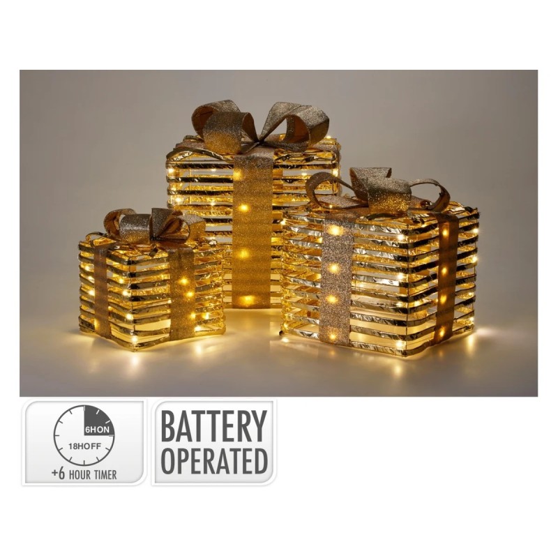 Koopman AMZ141610 - Scatole Regalo Natalizie Set 3 Pezzi con Led Oro a Batteria